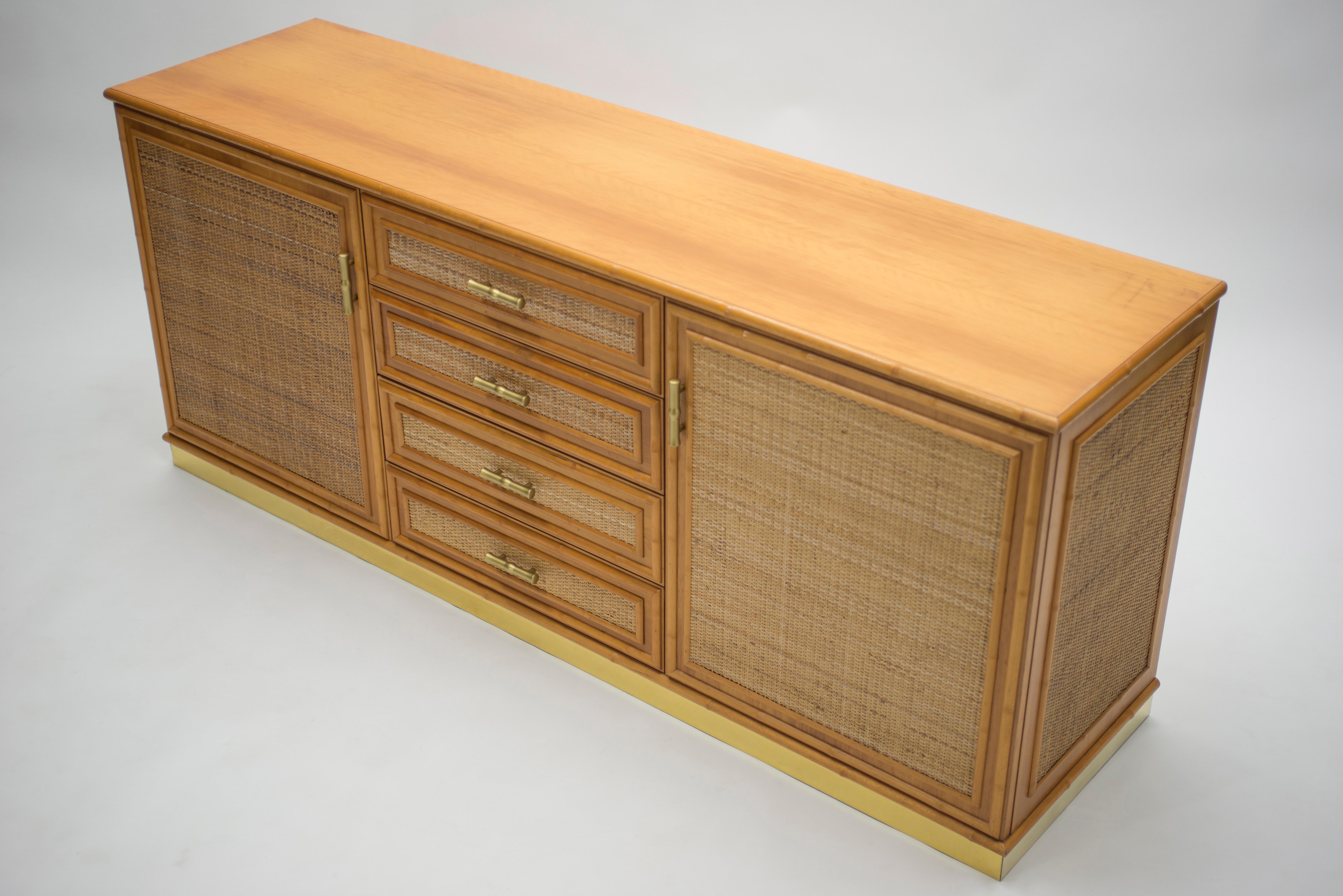 Late 20th Century French Midcentury Brass and Bamboo Sideboard, 1970s