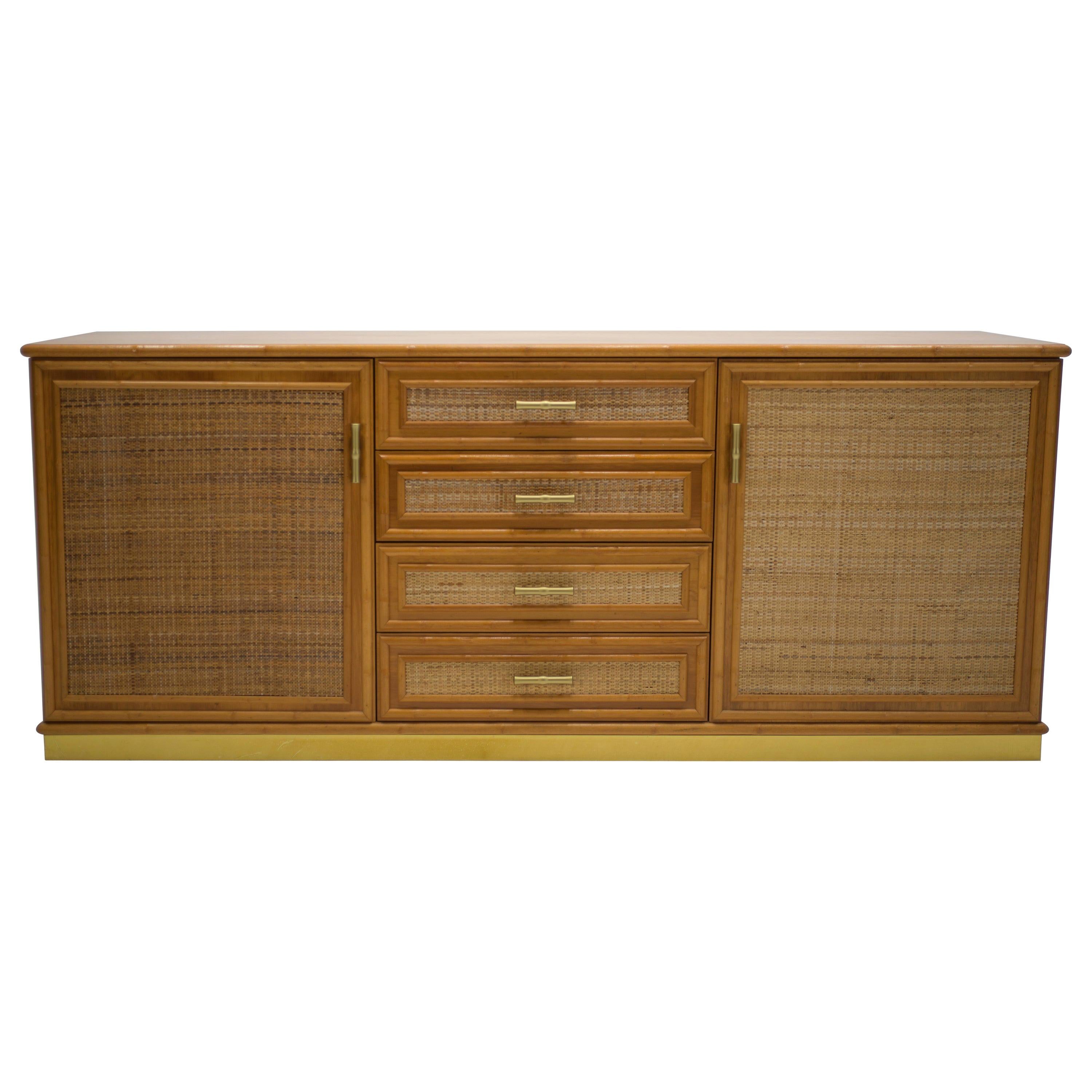 French Midcentury Brass and Bamboo Sideboard, 1970s