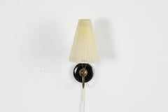 French Mid-Century Brass and Black Enamel Wall Sconce with Pleated Shade, 1950s