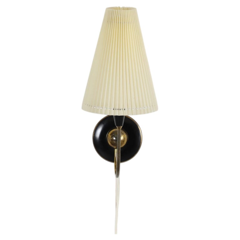 French Mid-Century Brass and Black Enamel Wall Sconce with Pleated Shade, 1950s