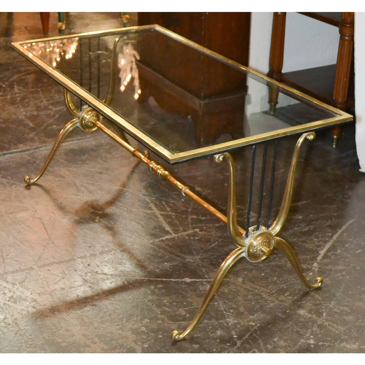 Polished French Midcentury Brass and Glass Coffee Table