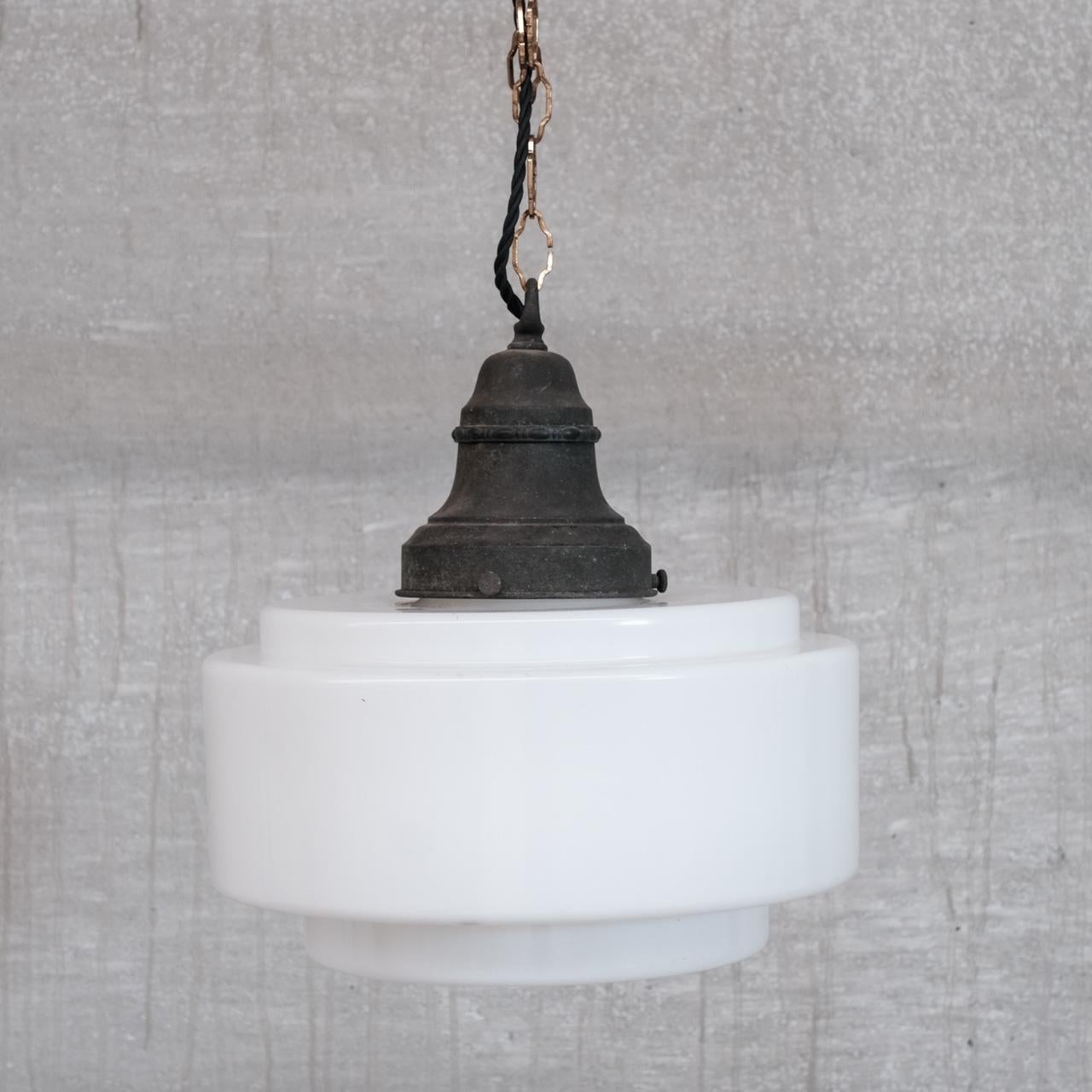 French Mid-Century Brass and Opaline Pendant Light In Good Condition For Sale In London, GB