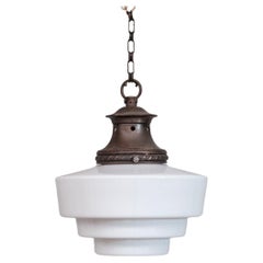 French Mid-Century Brass and Opaline Stepped Pendant Light