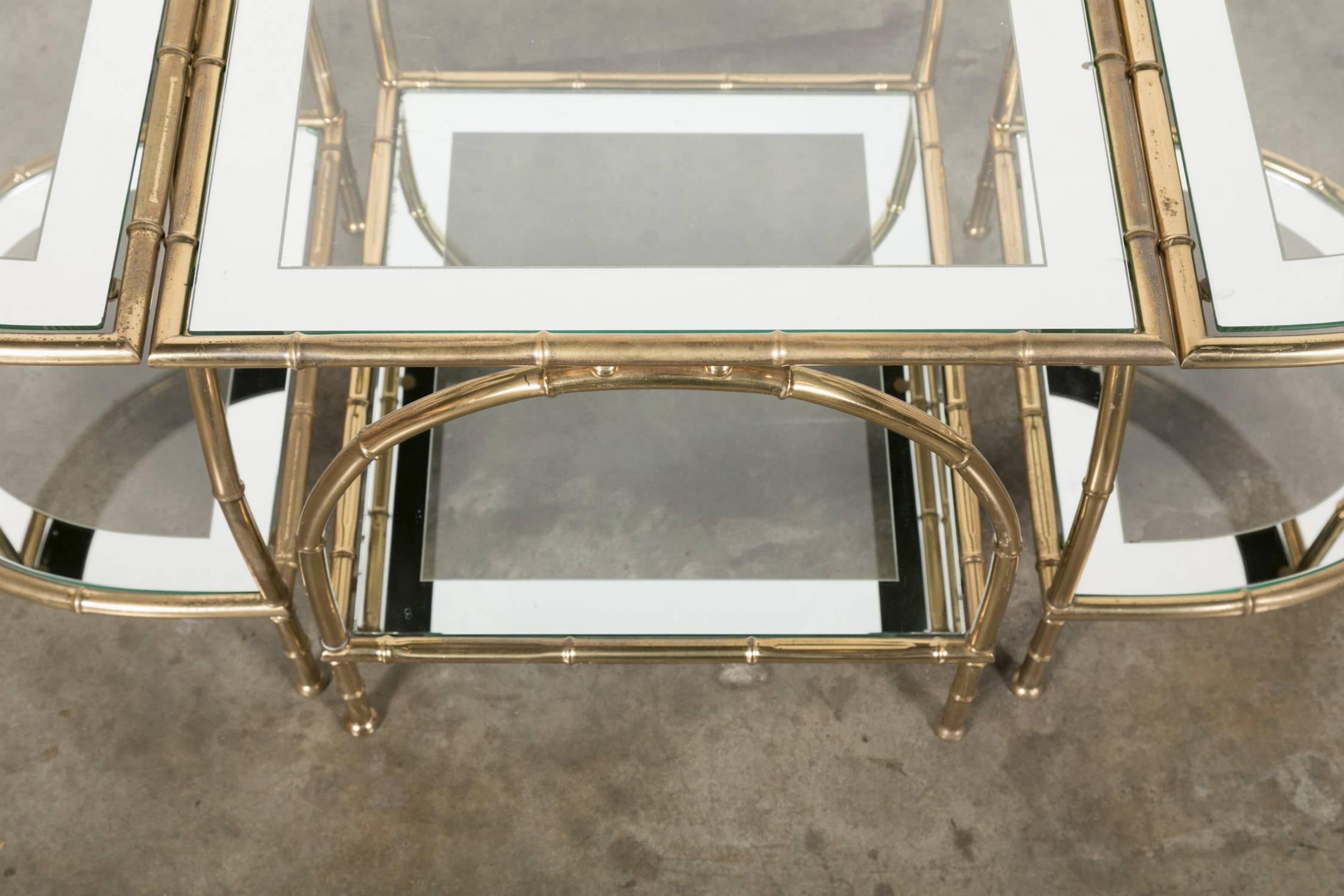 French Midcentury Brass Faux Bamboo Three-Piece Coffee Table by Maison Baguès 5