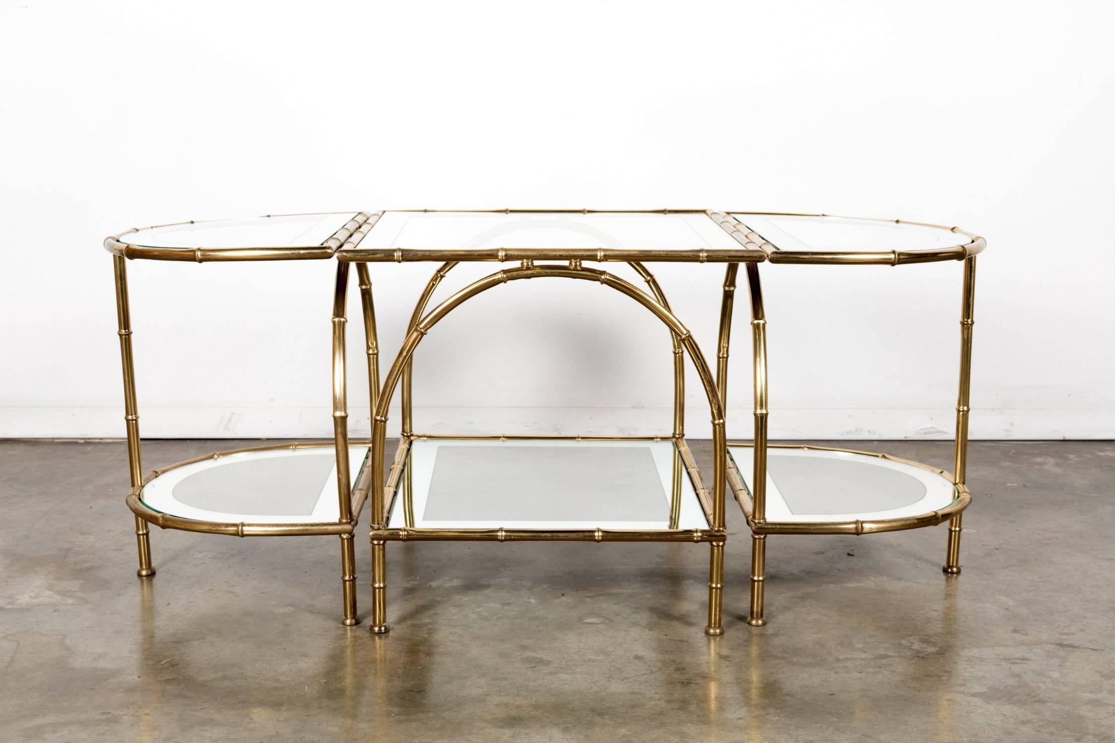 French Midcentury Brass Faux Bamboo Three-Piece Coffee Table by Maison Baguès 4