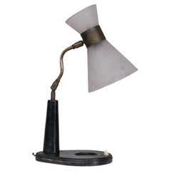 French Midcentury Brass, Leather and Glass Adjustable Table Lamp