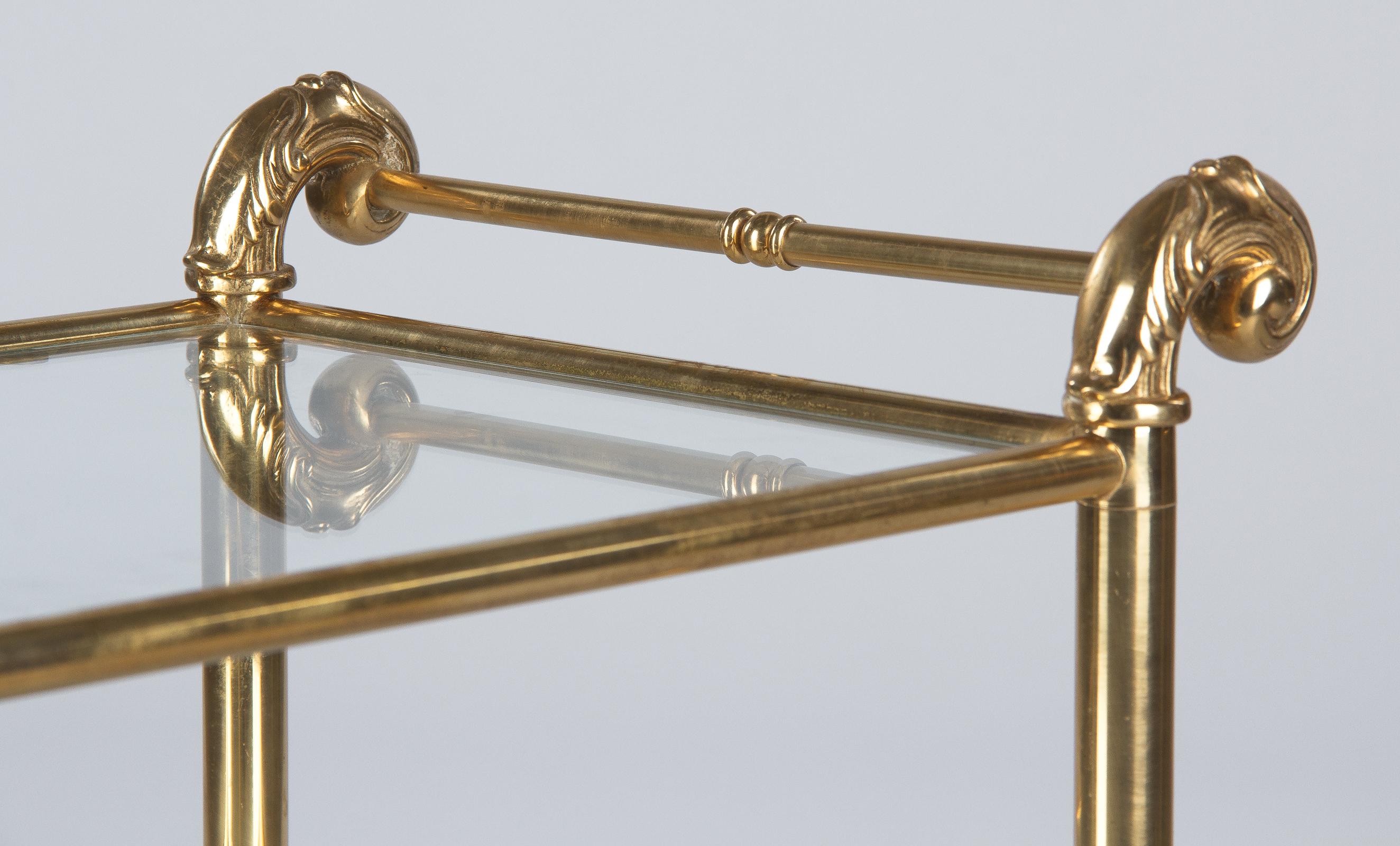 French Mid-Century Brass Side Table with Glass Tops 1