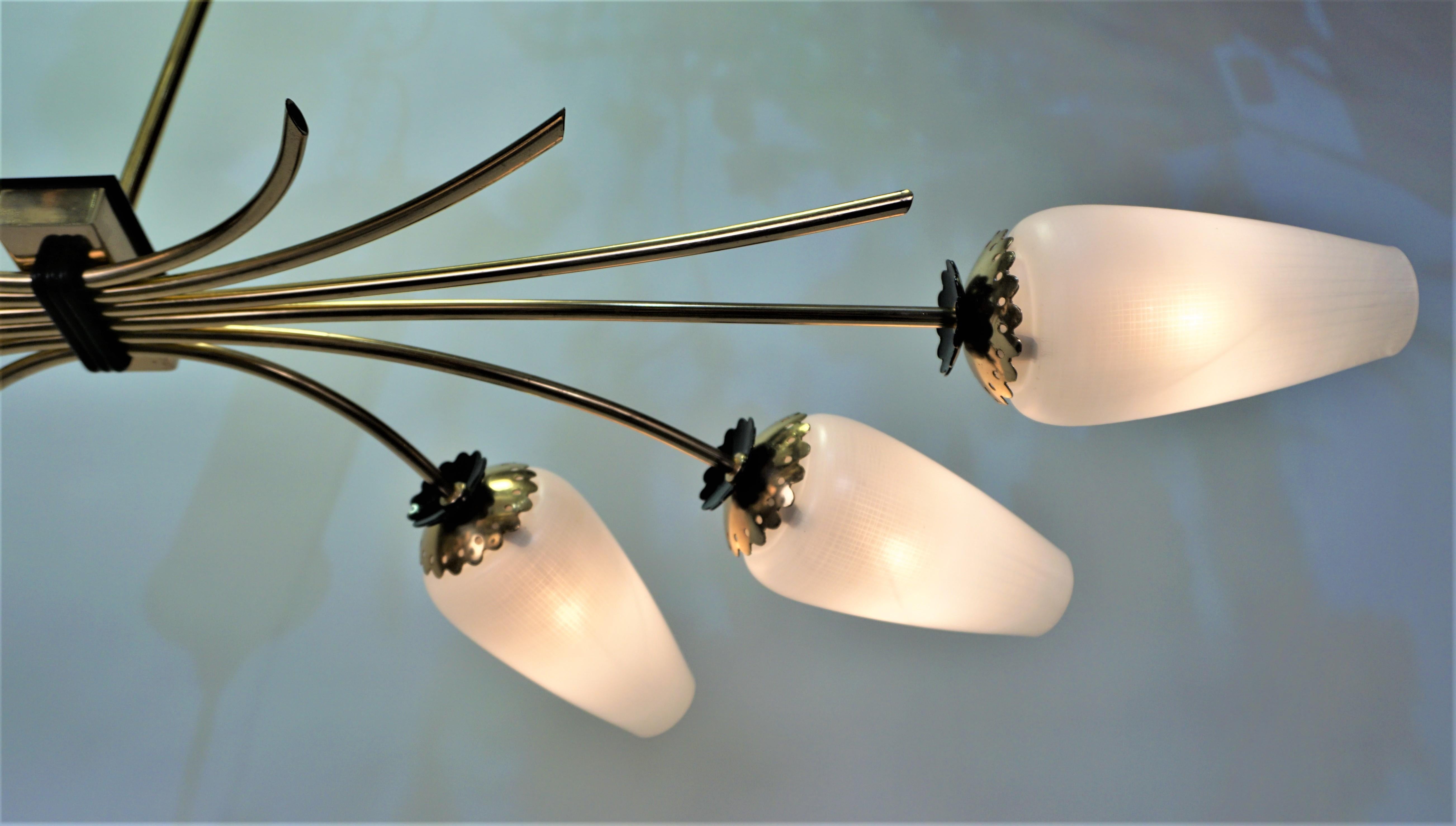 French 1950s six lights bronze and chandelier with glass shades.
