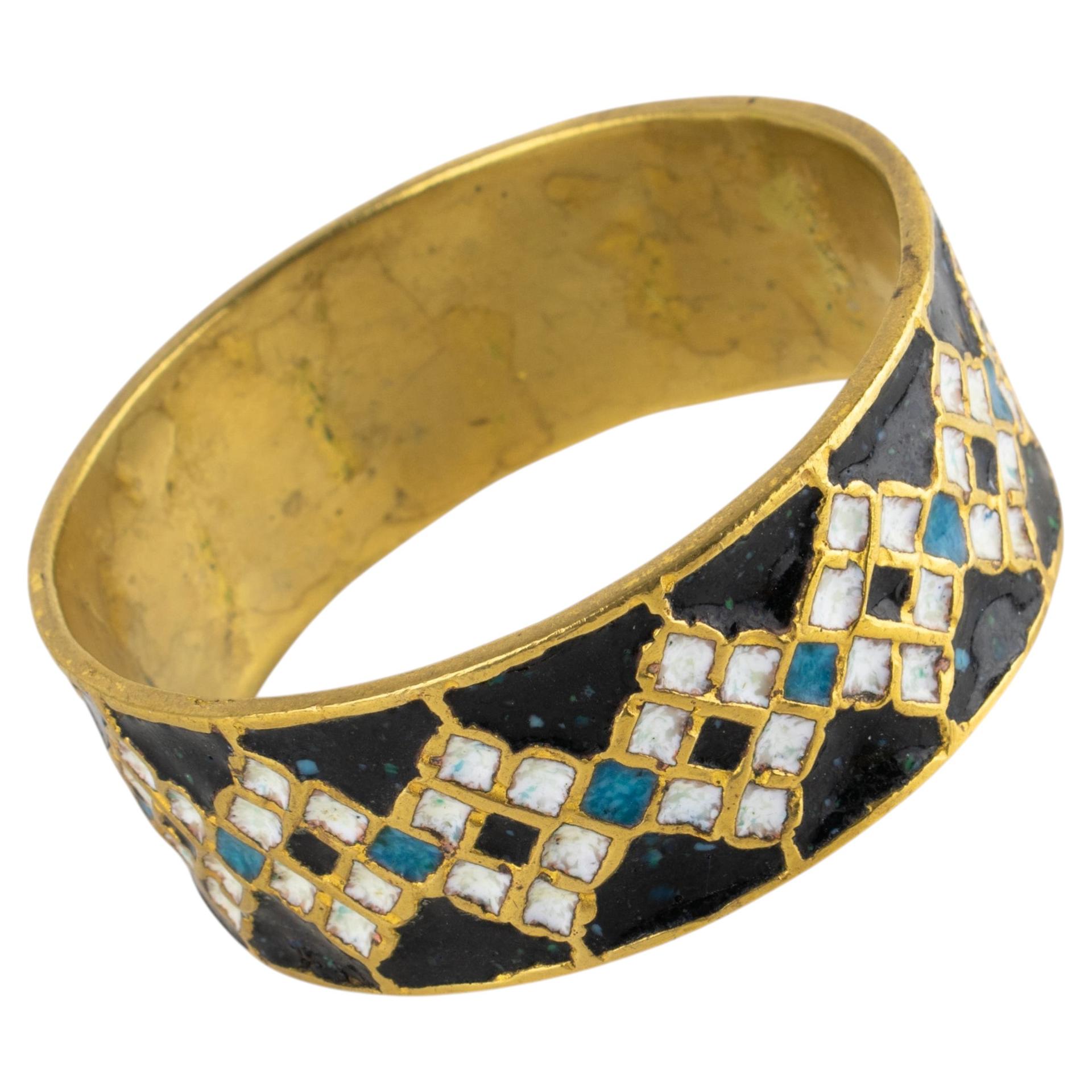 French Mid Century Bronze Bracelet Bangle with Blue and White Enamel For Sale