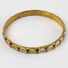 French Mid Century Bronze Bracelet Bangle with Orange, Black and White Enamel