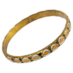 French Mid Century Bronze Bracelet Bangle with Orange, Black and White Enamel