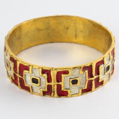 French Mid Century Bronze Bracelet Bangle with Red and White Enamel