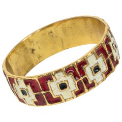 Vintage French Mid Century Bronze Bracelet Bangle with Red and White Enamel