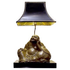 Lampada da tavolo Buddha in bronzo di metà secolo francese con paralume a pagoda