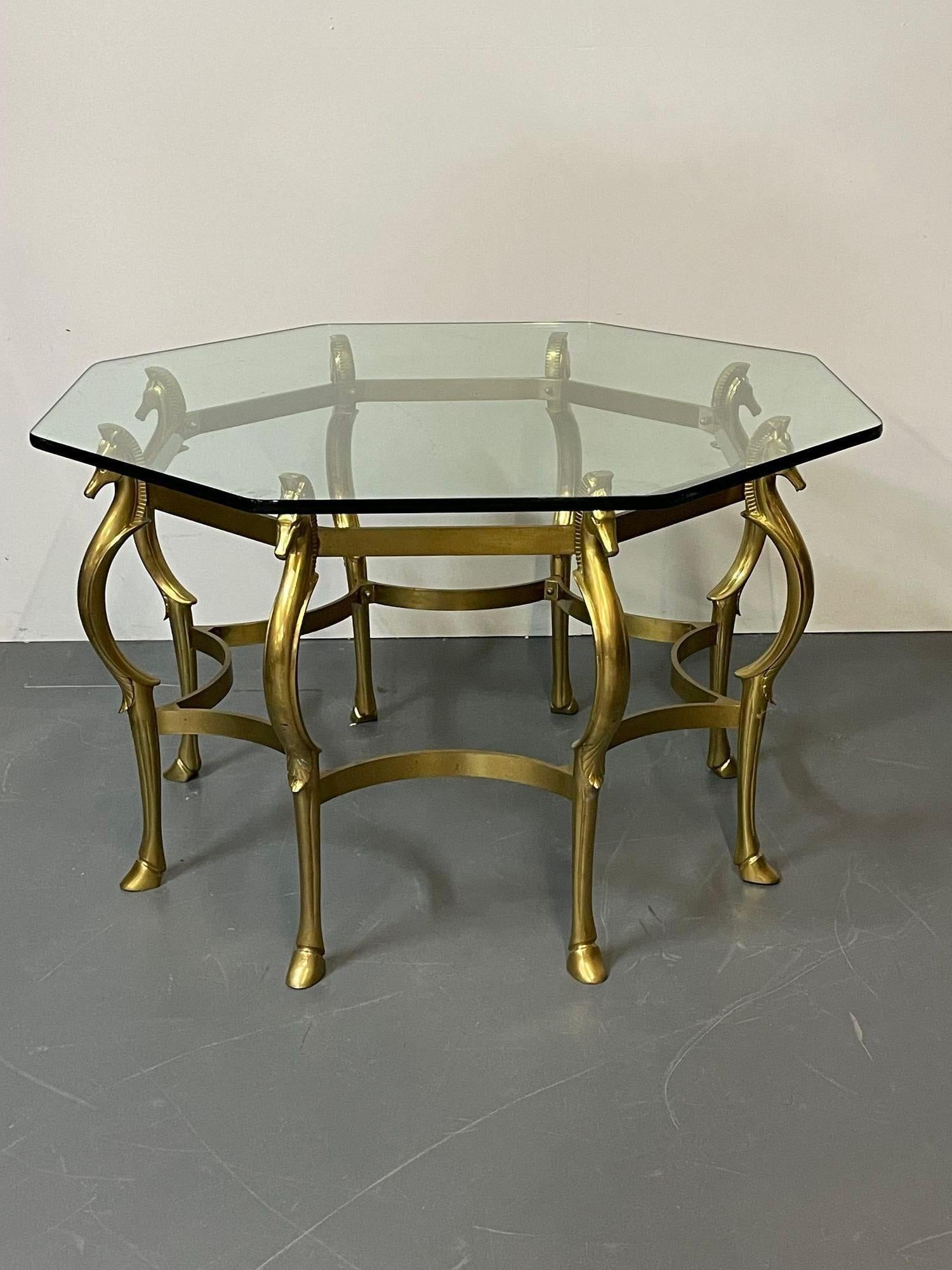 French Mid-Century Bronze Center or Dining Table, Octagonal Shape, Horse Motif 
 
An octagonal shaped cast bronze Centre' or Dining Table having a glass top supported by scroll legs with detailed hoof feet terminating in horse heads with full horses