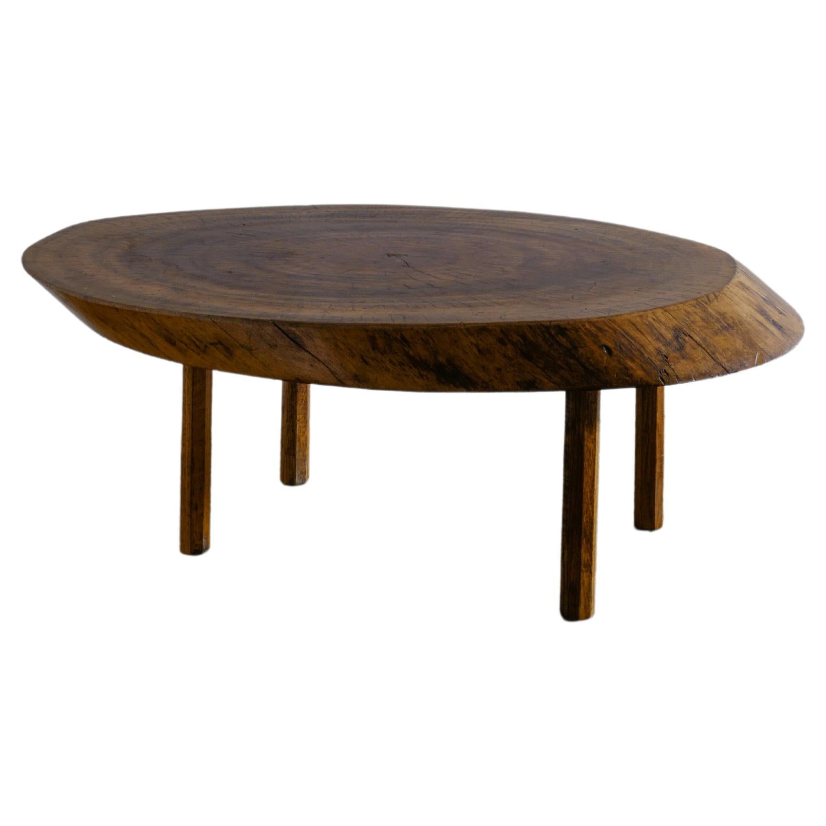 French Mid-Century Brutalist Coffee Table in Elm Produced in France, 1950s 