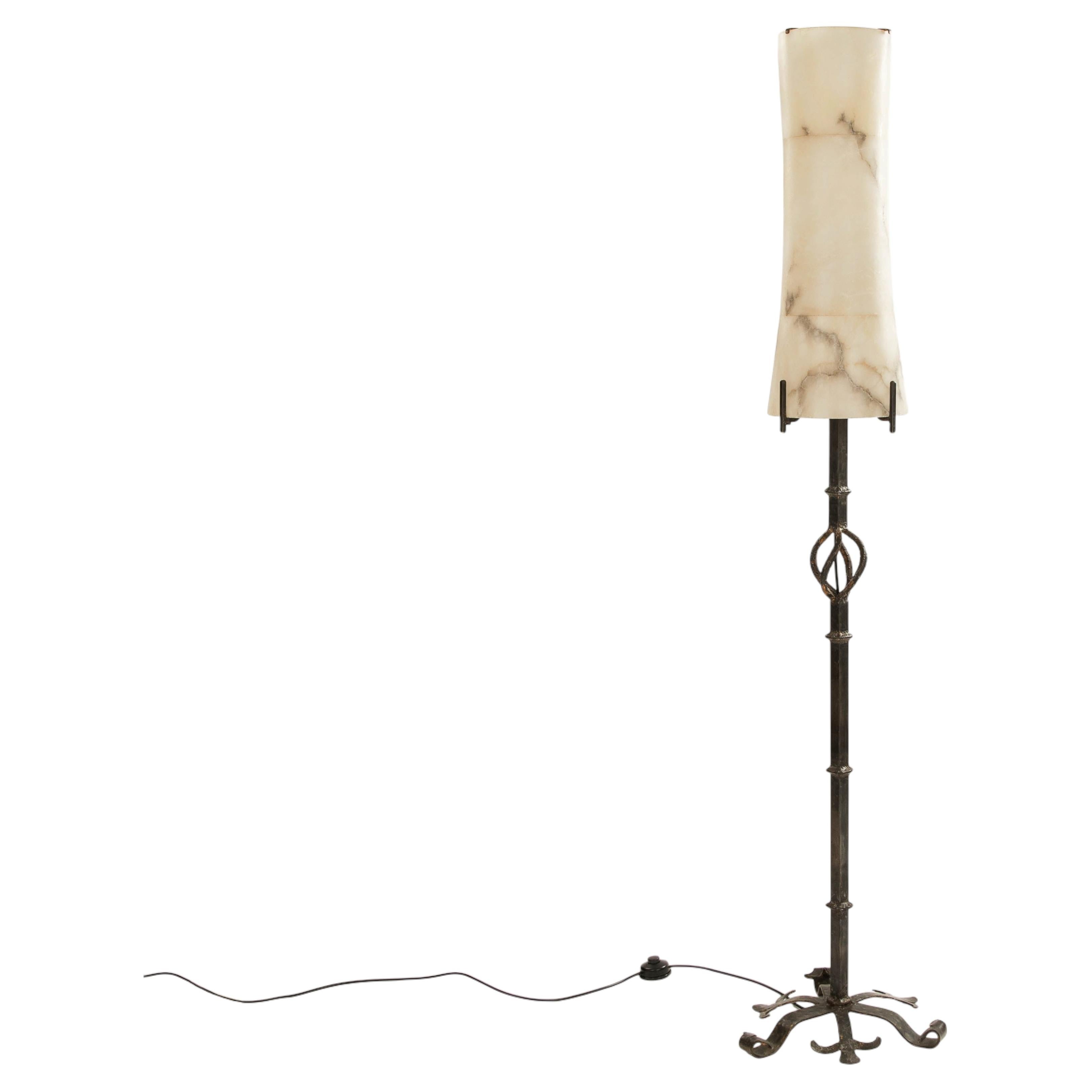 French Mid-Century Brutalist Forged Iron with Alabaster Shade Floor Lamp 1950s