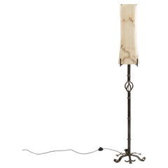 French Mid-Century Brutalist Forged Iron with Alabaster Shade Floor Lamp 1950s