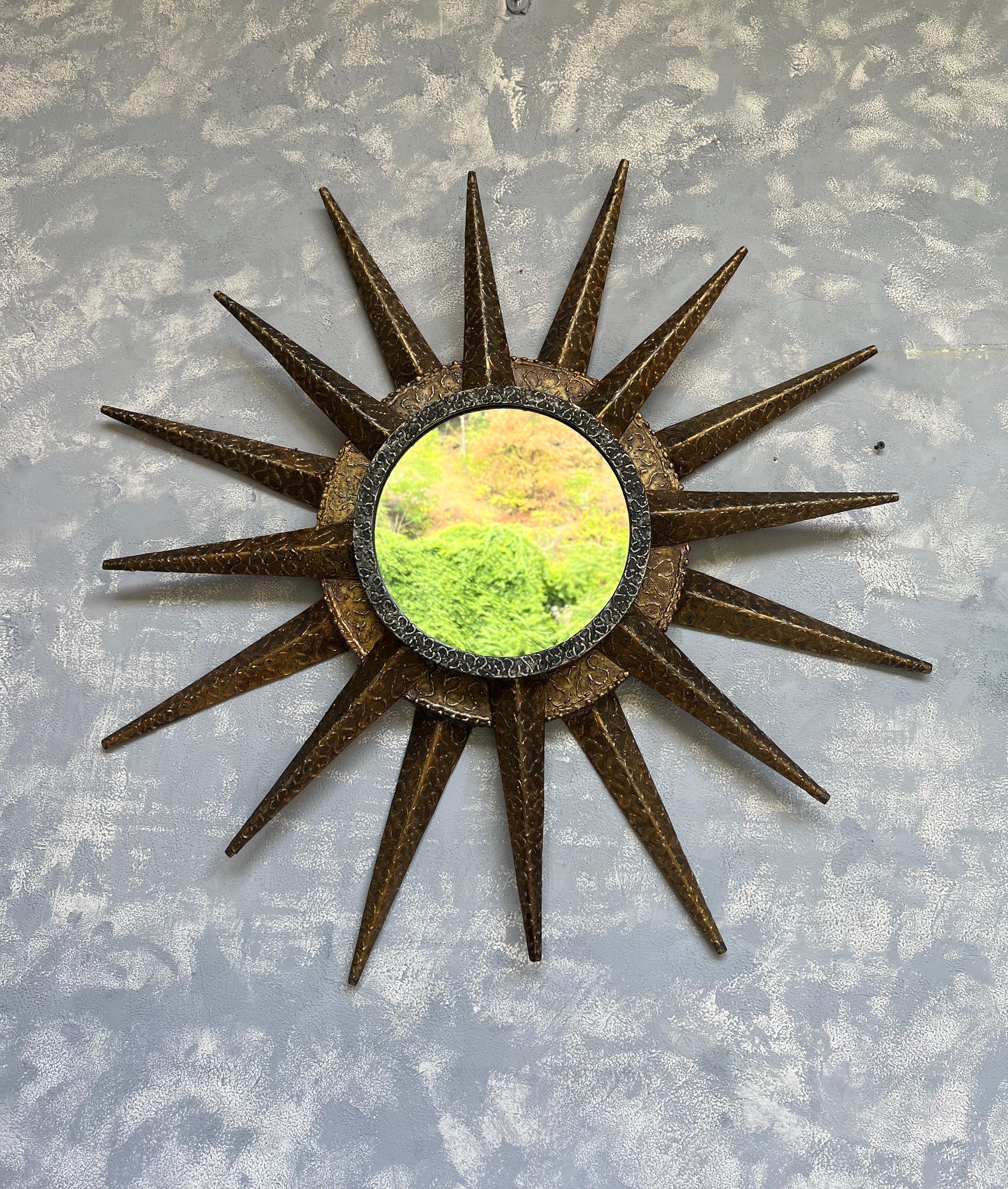 Gilt French Mid Century Brutalist Sunburst Mirror For Sale