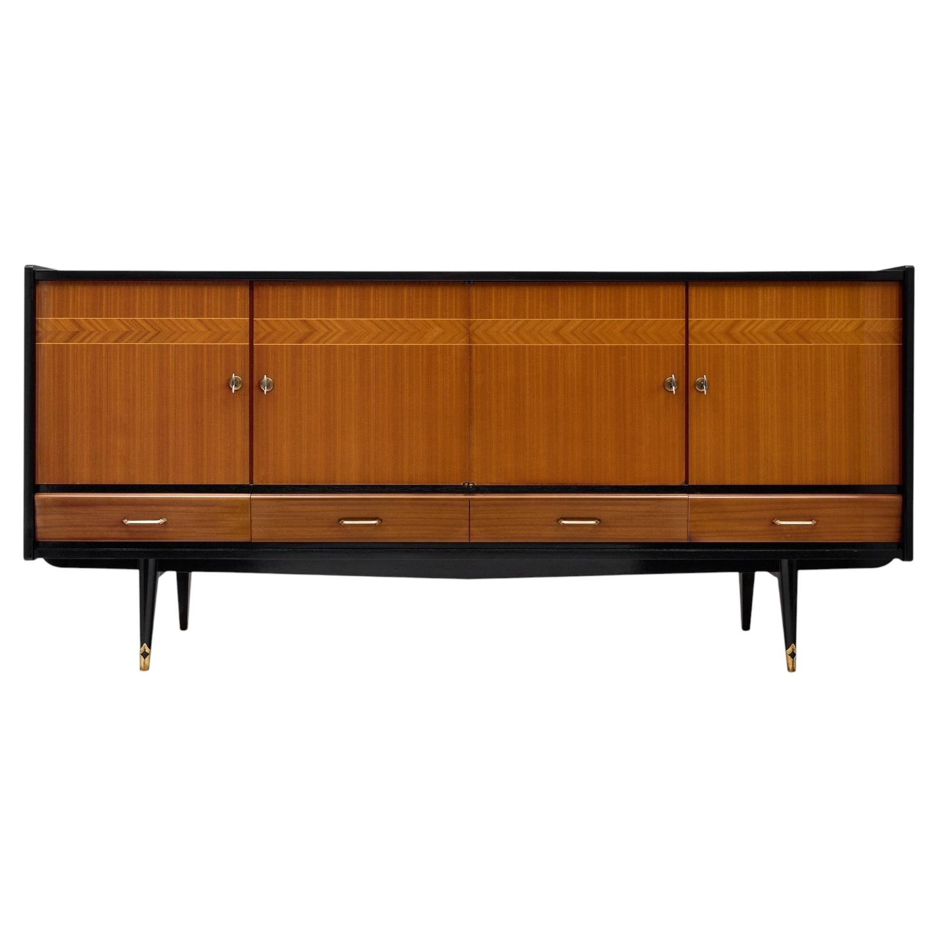 French Mid-Century Buffet, Inlaid Rosewood & Ebonized Wood, 1950s