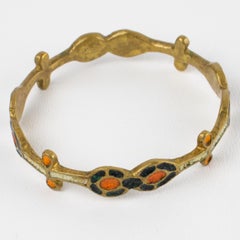 French Mid Century Carved Bronze Bracelet Bangle with Multicolor Enamel