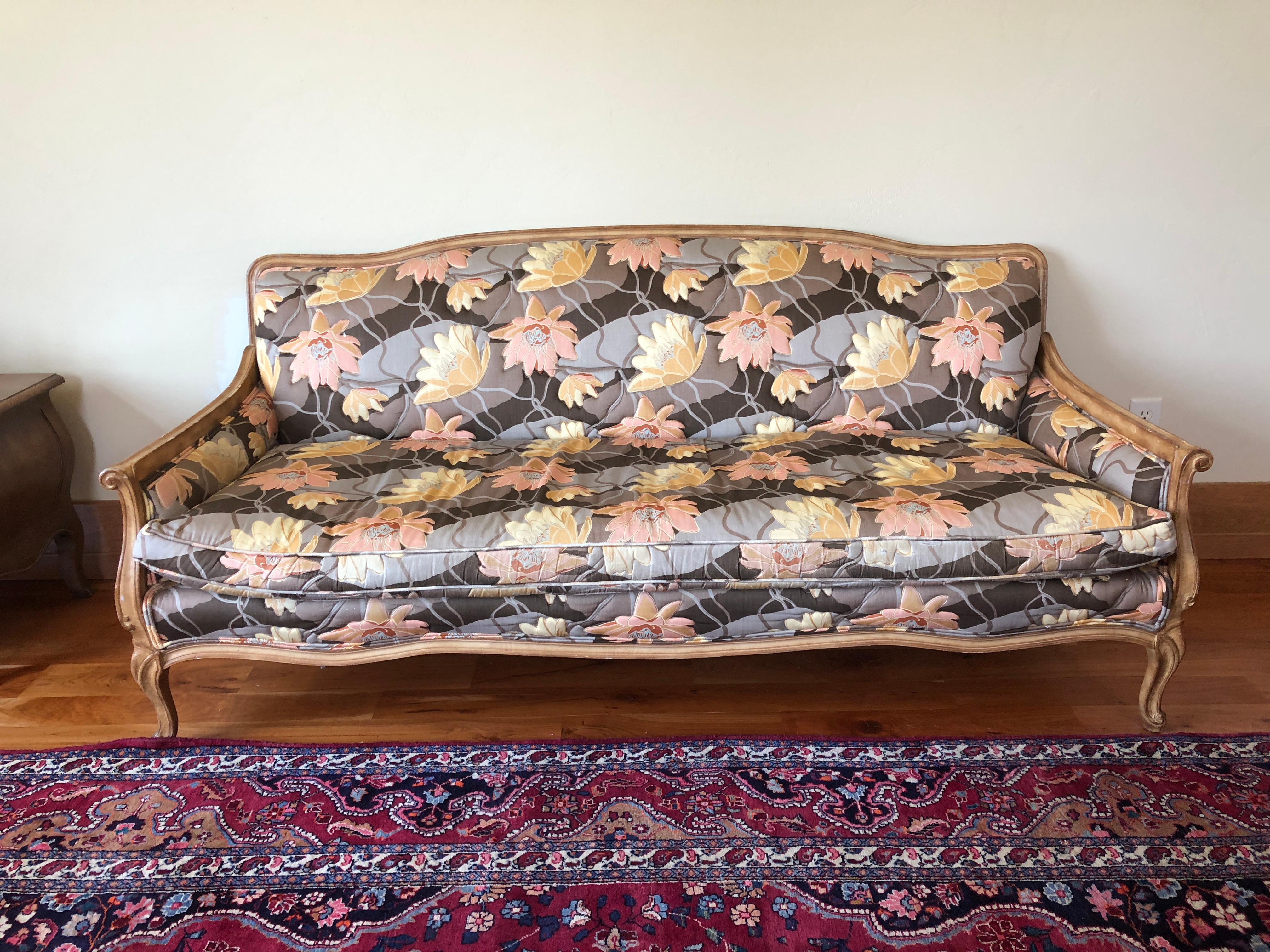 Carved Sofa set with Matching Bergere. Finely upholstered in excellent condition with down cushions. Some wear to the legs. Finely made in Chicago. The original fabric looks and feels eloquent as this manufacturer was elite in Chicago in the 1960s,