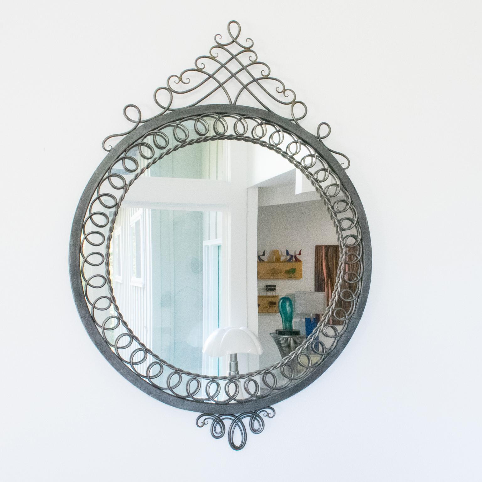 French Mid-Century Cast Iron Ornate Wall-Mounted Mirror, France 1950s