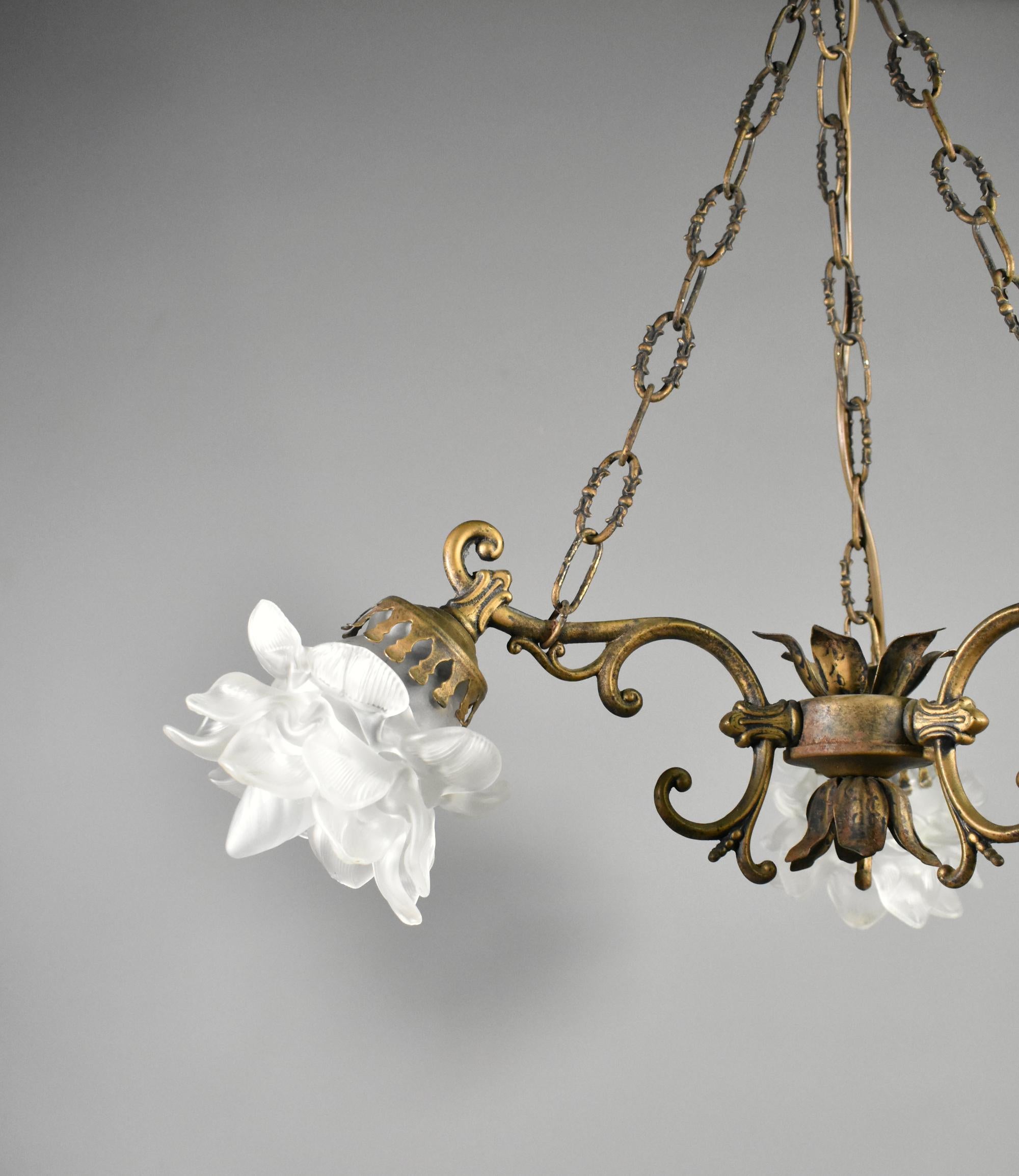 Mid-Century Modern French Mid Century Ceiling Light with Three Floral Shades For Sale