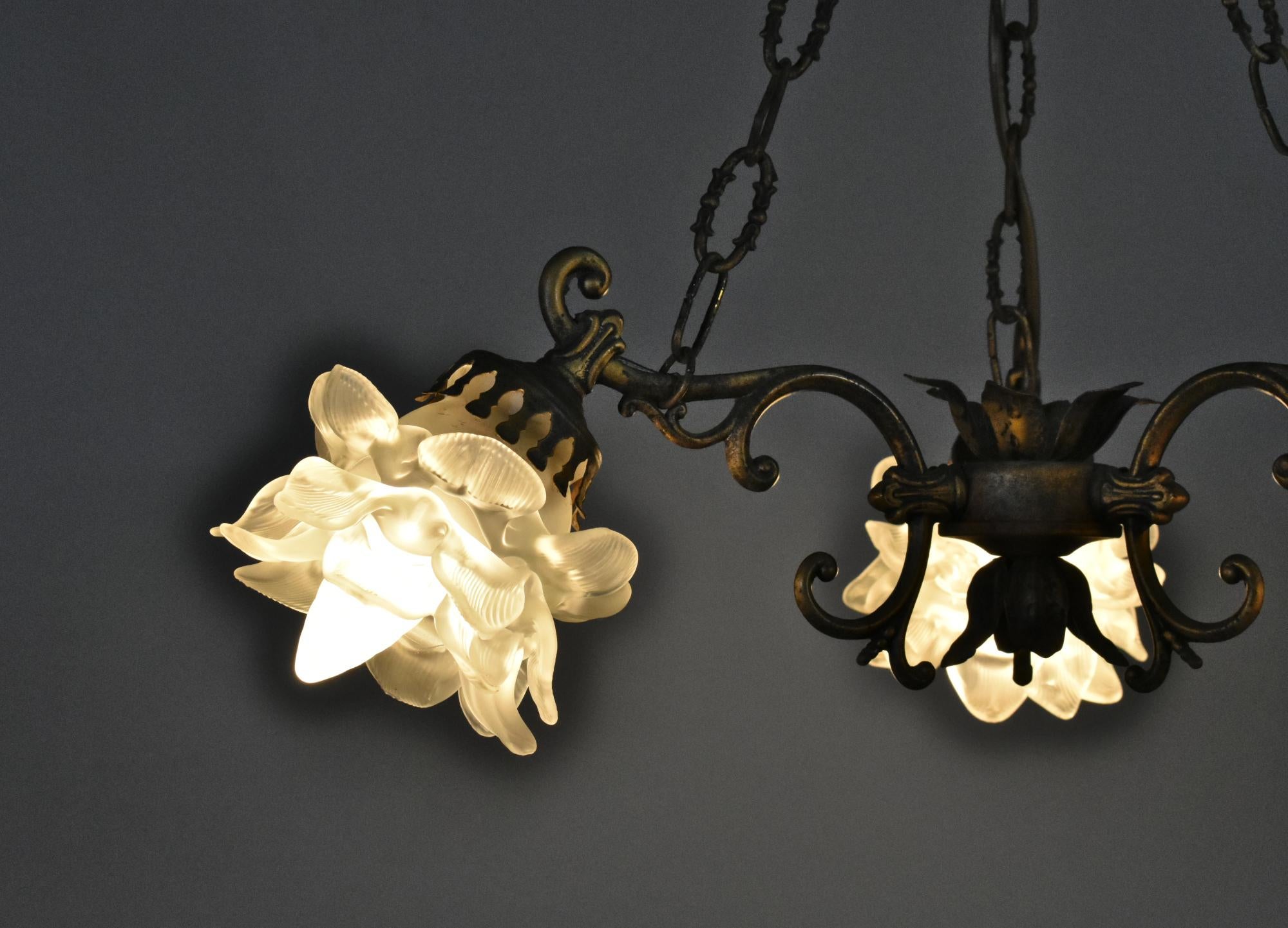 Metal French Mid Century Ceiling Light with Three Floral Shades For Sale
