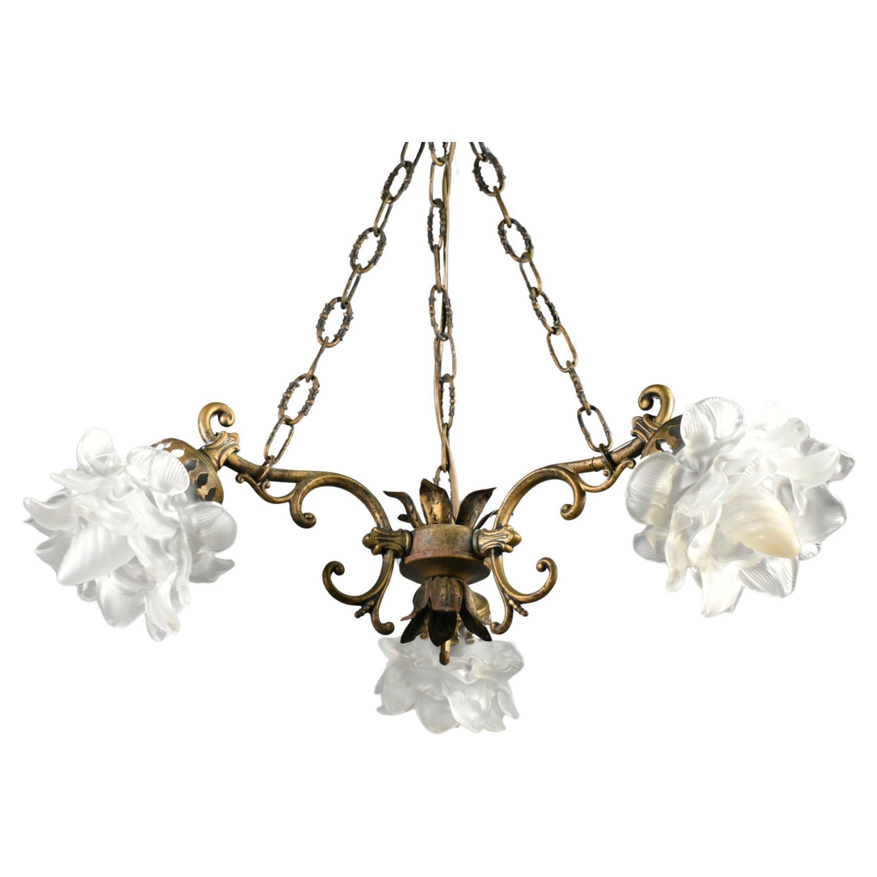 French Mid Century Ceiling Light with Three Floral Shades For Sale
