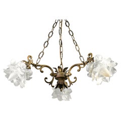 Retro French Mid Century Ceiling Light with Three Floral Shades