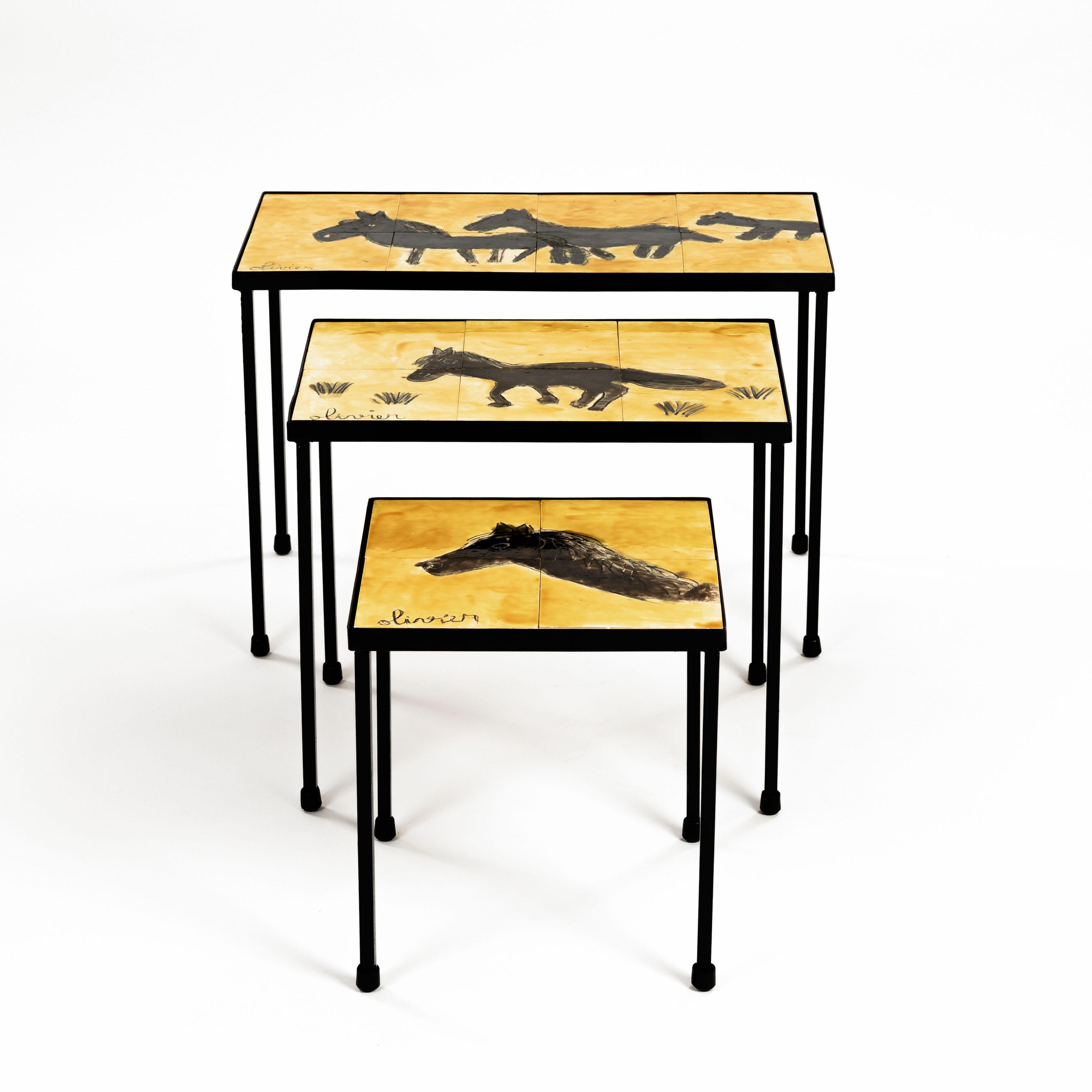 Exceptional stacking tables from the 1960-ies with naive design, all 3 signed by hand 