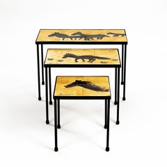 3 French Mid-Century Ceramic Nesting Tables in Yellow-Black, Signed Olivier