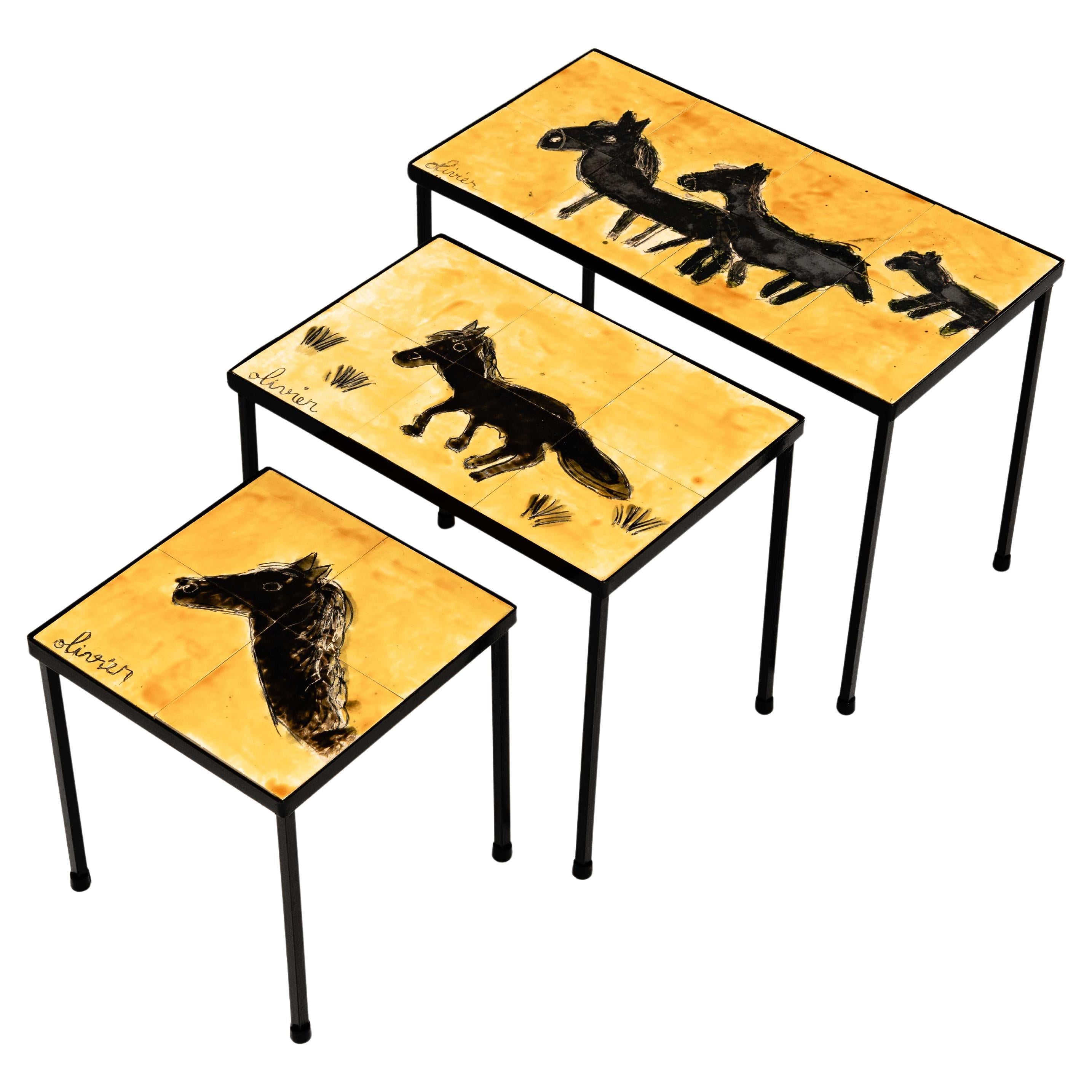 3 French Mid-Century Ceramic Nesting Tables in Yellow-Black, Signed Olivier For Sale
