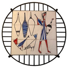 French Mid-Century Ceramic Sofa Table Cubistic Szene Black-White-Red-Blue 1950s