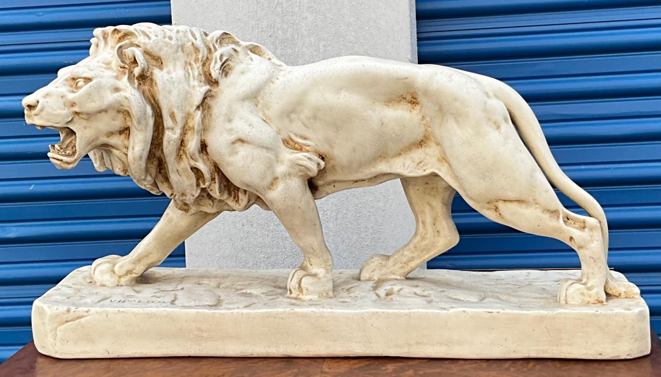 Neoclassical Revival French Mid-Century Ceramic Striding Lion Statue After Louis Vidal