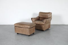 French Mid-Century Channel Stitched Leather Ottoman, Light Brown