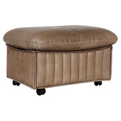 French Mid-Century Channel Stitched Leather Ottoman, Light Brown