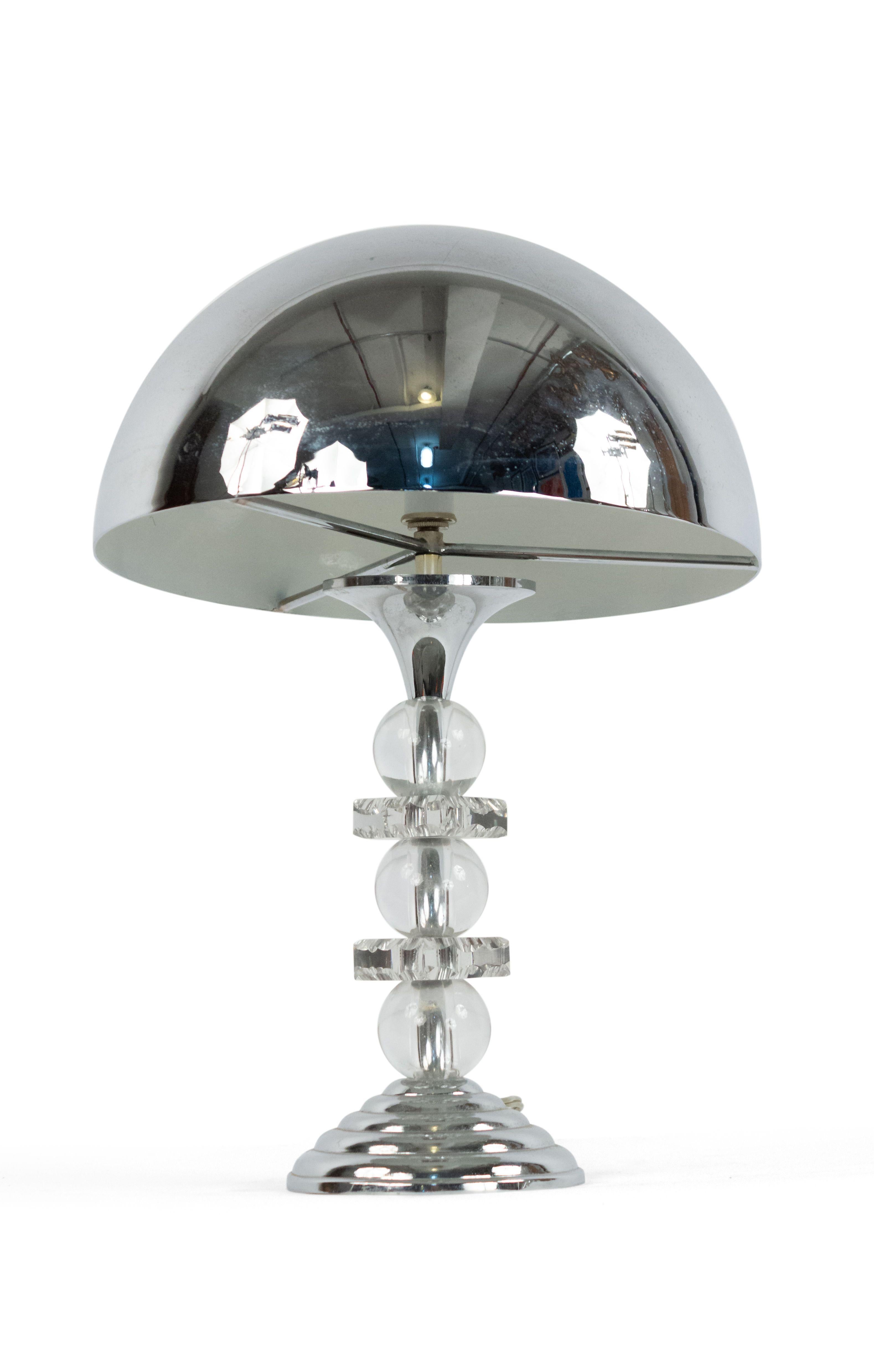 French 1940s table lamp with chrome dome shaped shade and base between alternating 3 large glass balls and 2 squares.