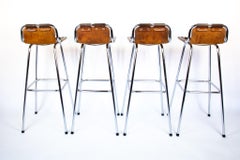 French Mid-Century Chrome Bar Stools with Brown Saddle Leather by Perriand 1960s