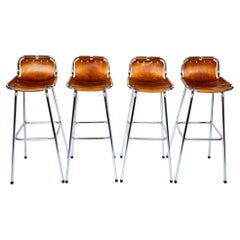 Tabourets de bar français du milieu du siècle en chrome et cuir Brown Saddle par Perriand 1960s