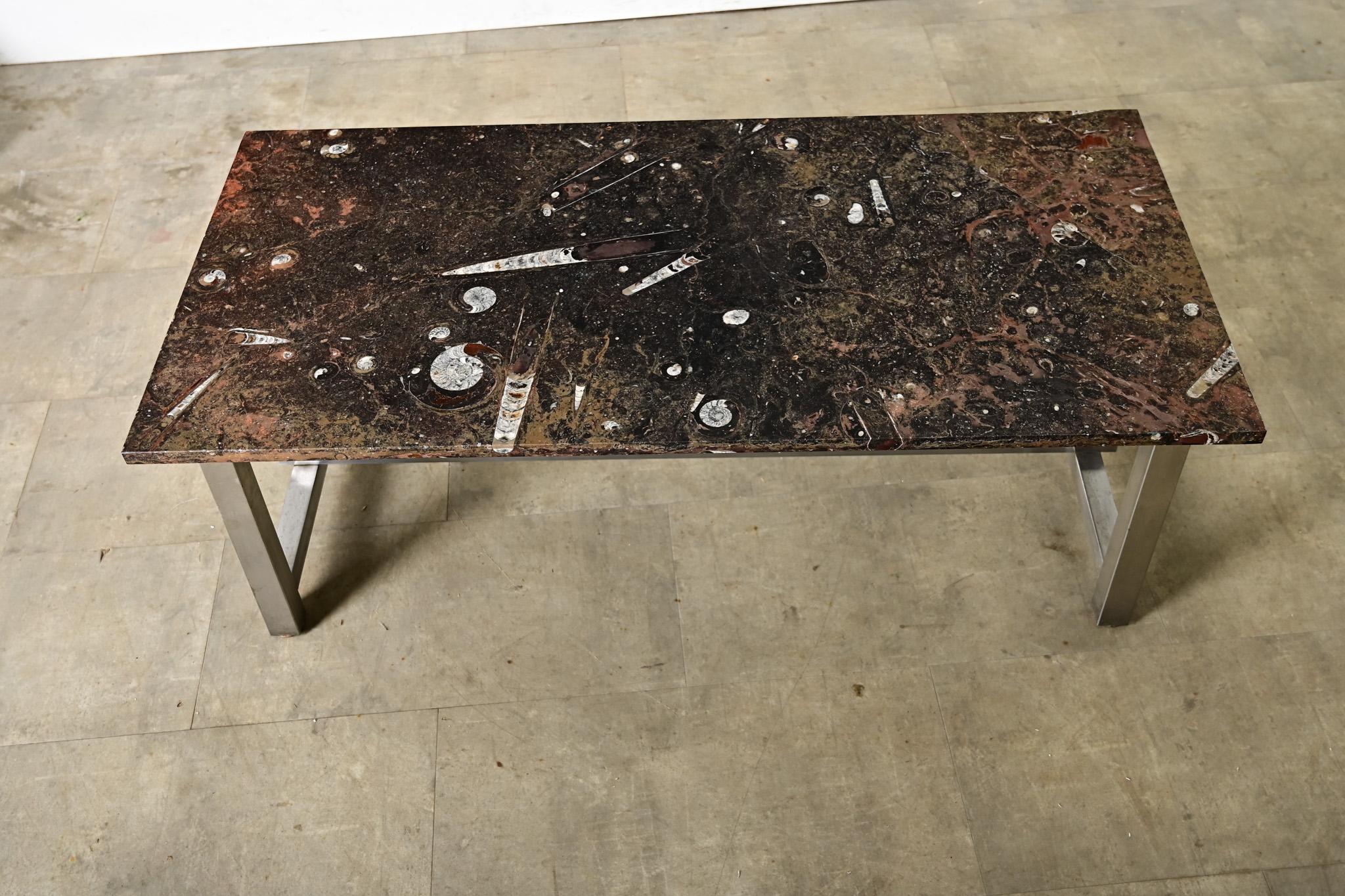 French Mid-Century Chrome Coffee Table with Moroccan Fossil Stone Top 4