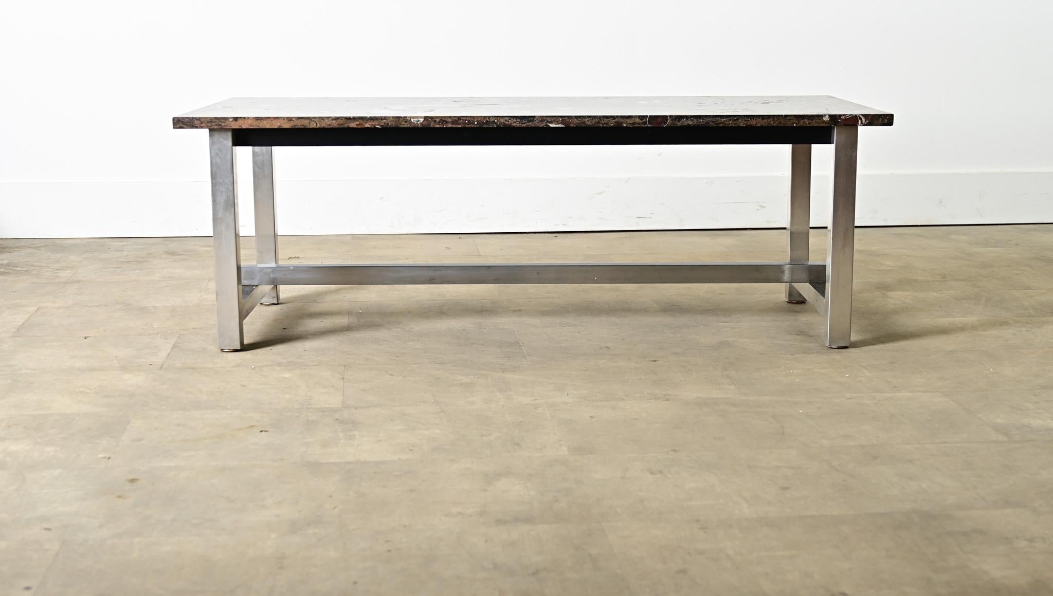 French Mid-Century Chrome Coffee Table with Moroccan Fossil Stone Top 5