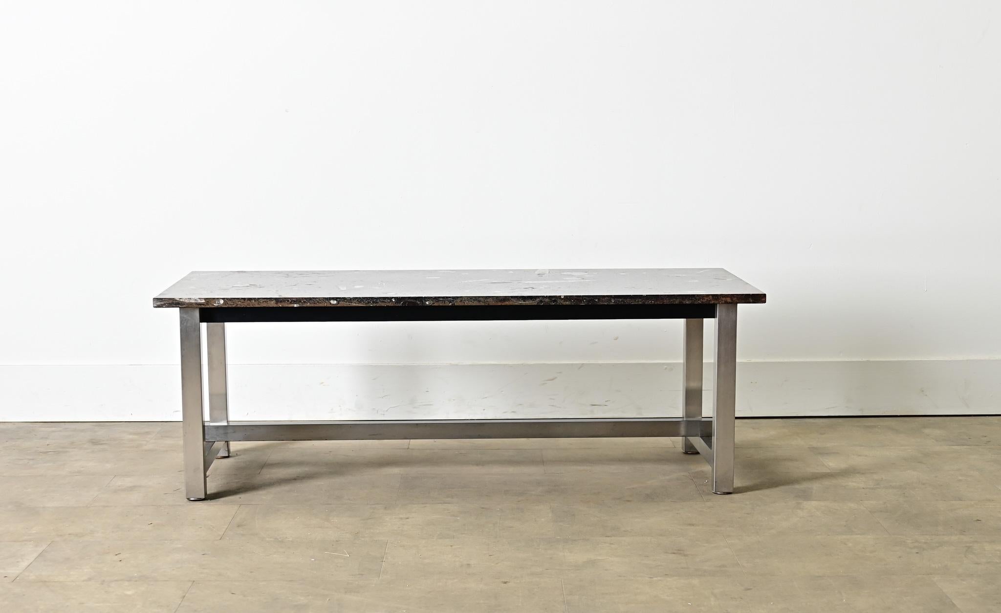 Modern French Mid-Century Chrome Coffee Table with Moroccan Fossil Stone Top