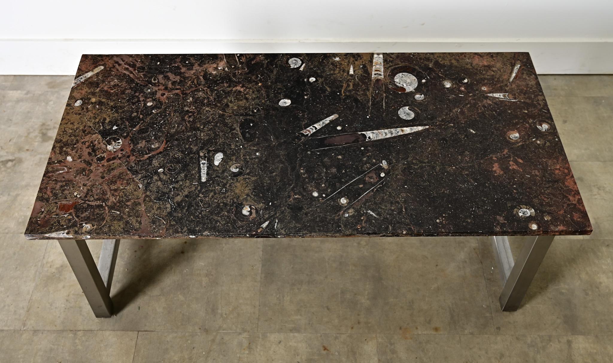 Other French Mid-Century Chrome Coffee Table with Moroccan Fossil Stone Top