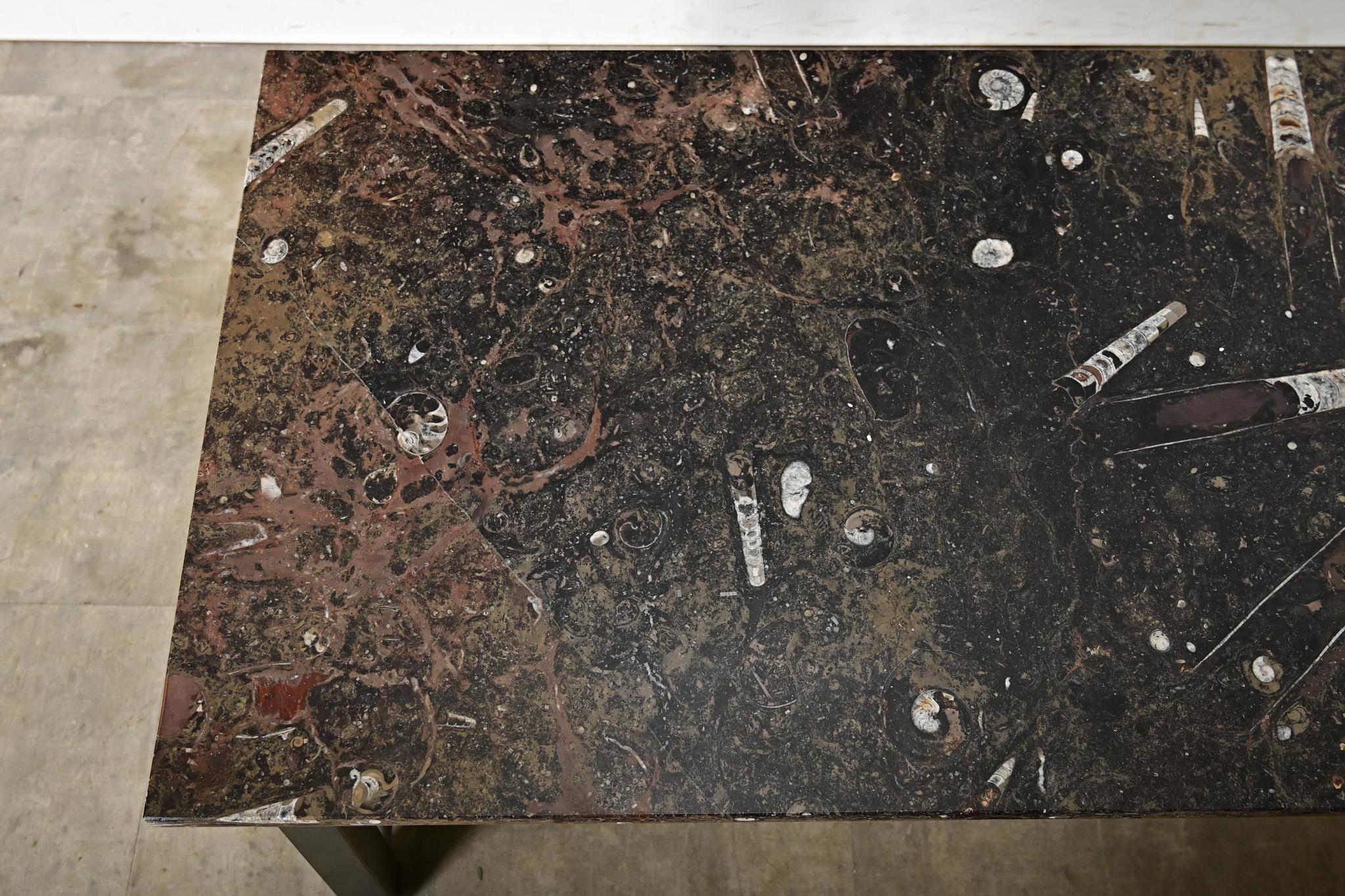 French Mid-Century Chrome Coffee Table with Moroccan Fossil Stone Top In Good Condition In Baton Rouge, LA