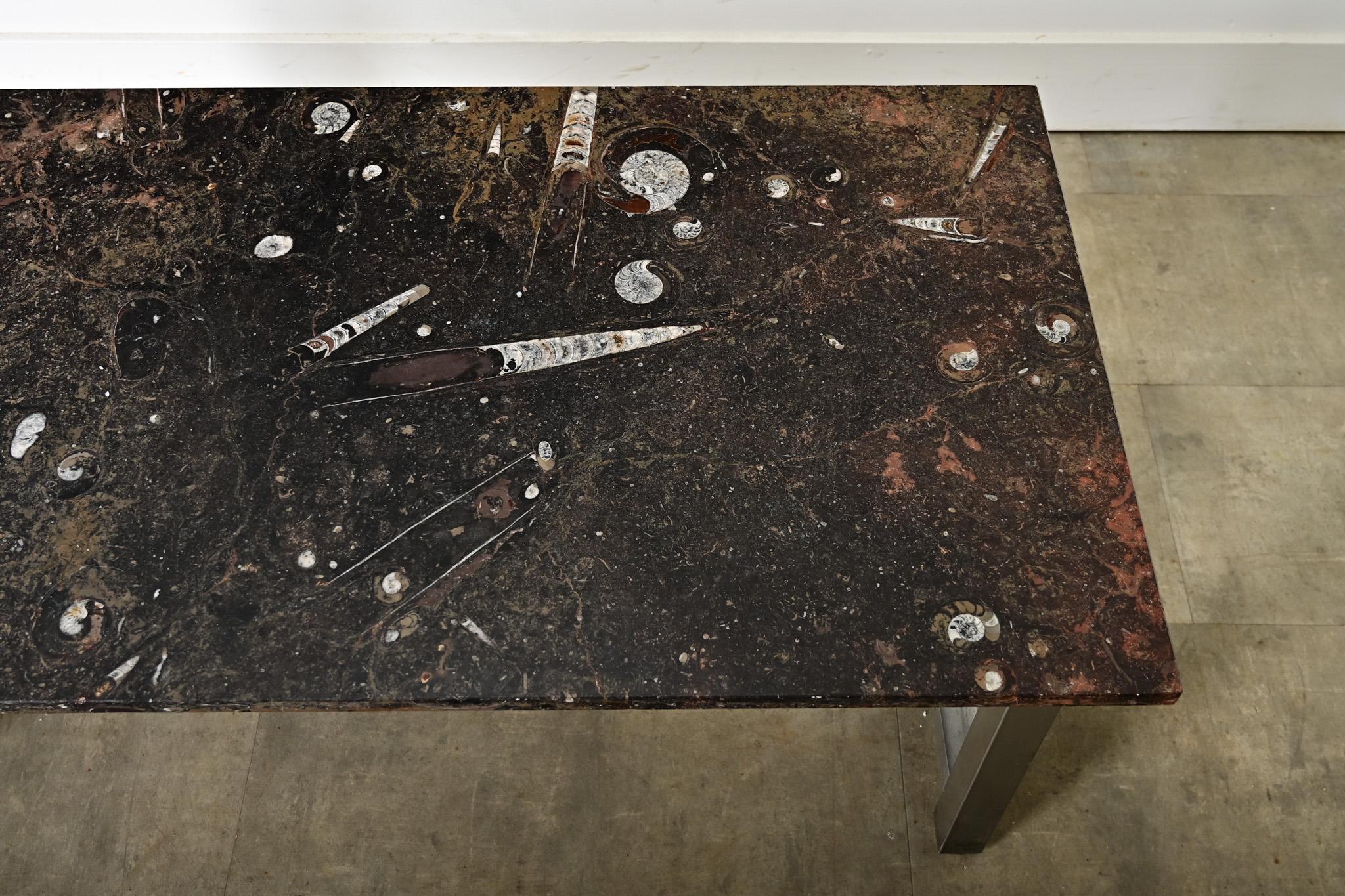 French Mid-Century Chrome Coffee Table with Moroccan Fossil Stone Top 2