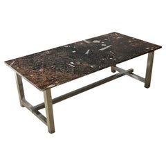 French Mid-Century Chrome Coffee Table with Moroccan Fossil Stone Top