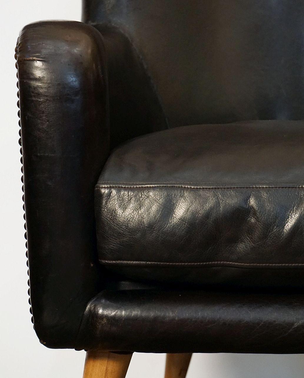 French Mid-Century Club or Lounge Chairs of Black Leather 10
