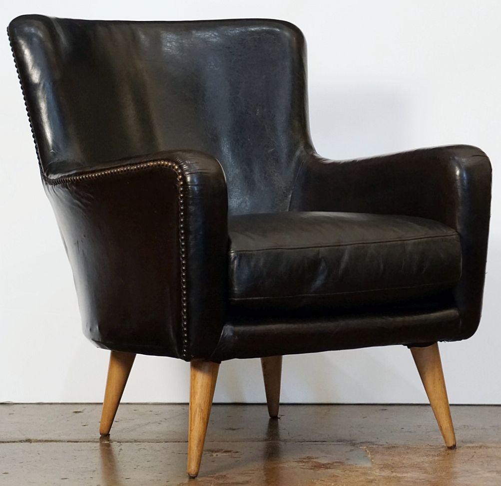 Mid-Century Modern French Mid-Century Club or Lounge Chairs of Black Leather